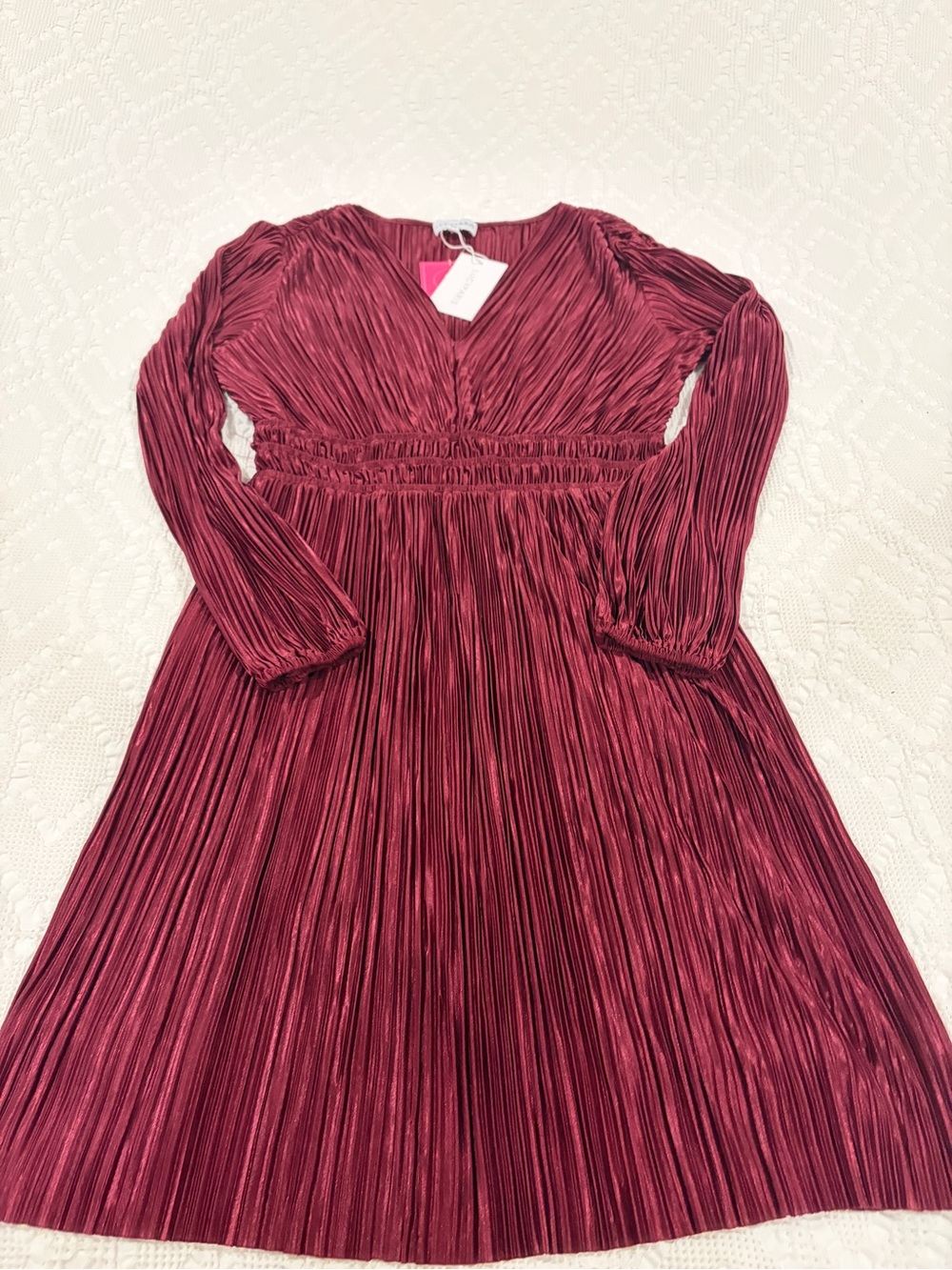 Lucy Paris NWT Rosa Pleated V-Neck Long-Sleeve Dress in Burgundy